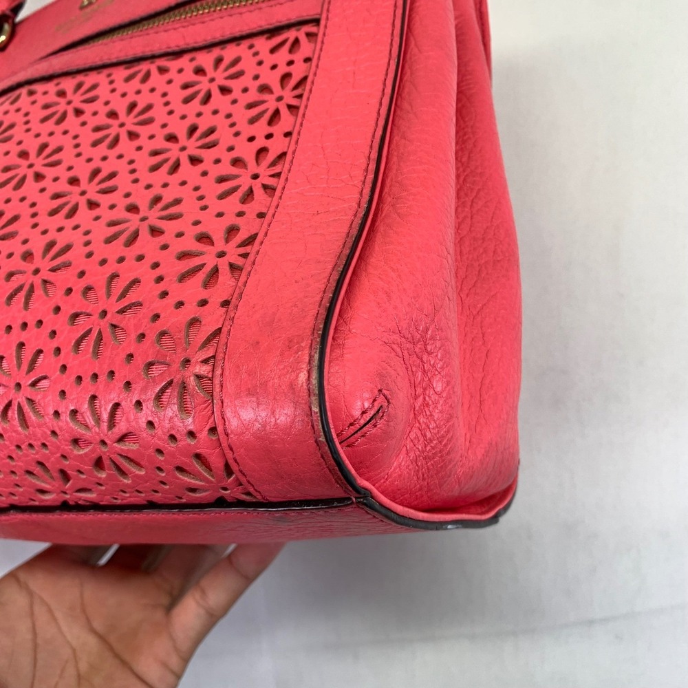 Kate Spade New York Coral Pink Leather Satchel Floral Handbag Tote Missing Strap - Picture 4 of 16